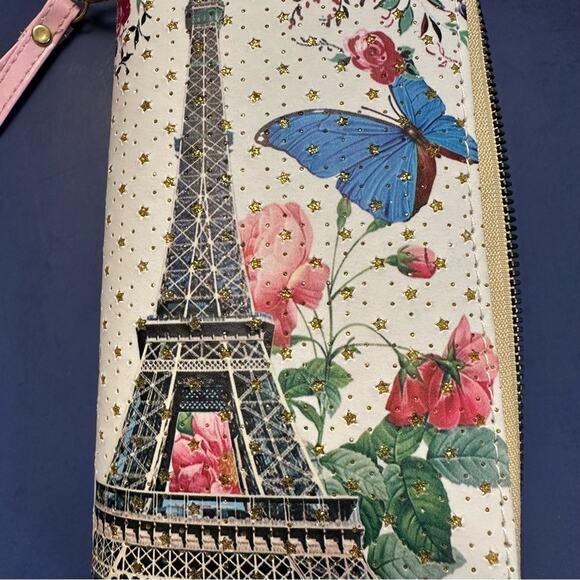Paris Vegan Leather Wallet Eiffel Tower Butterfly Wrist Strap Wristlet Bling - Picture 10 of 10